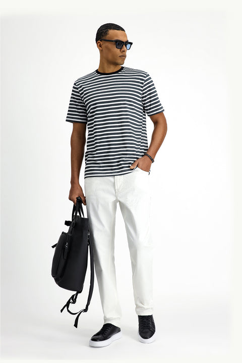 Siyah Bisiklet Yaka Slim Fit Dar Kesim Pamuk Çizgili Tişört