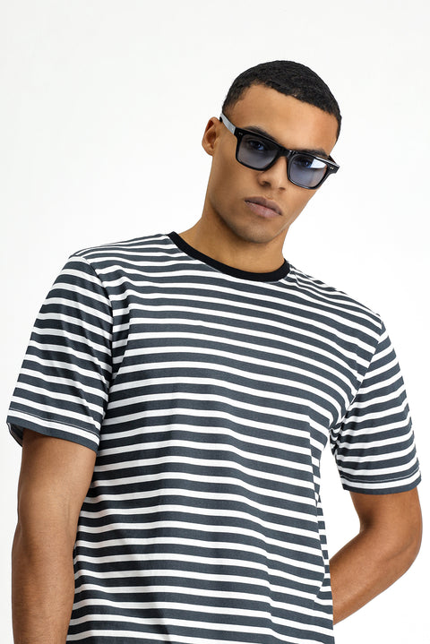 Siyah Bisiklet Yaka Slim Fit Dar Kesim Pamuk Çizgili Tişört