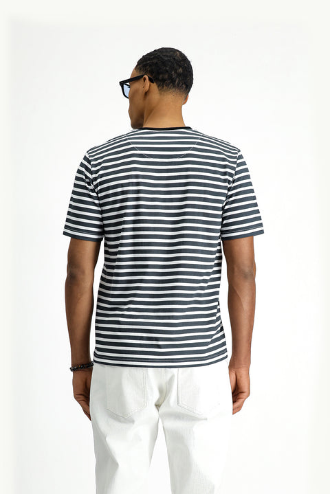 Siyah Bisiklet Yaka Slim Fit Dar Kesim Pamuk Çizgili Tişört