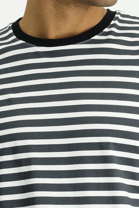 Siyah Bisiklet Yaka Slim Fit Dar Kesim Pamuk Çizgili Tişört