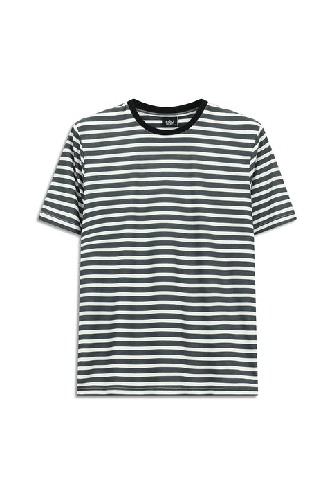 Siyah Bisiklet Yaka Slim Fit Dar Kesim Pamuk Çizgili Tişört