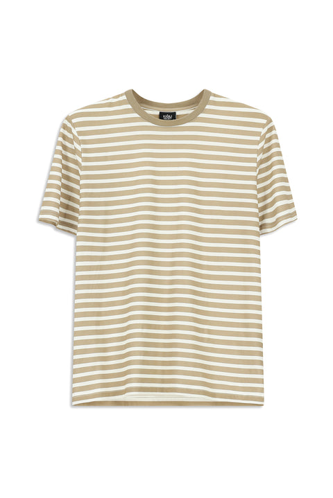 Koyu Bej Bisiklet Yaka Slim Fit Dar Kesim Pamuk Çizgili Tişört