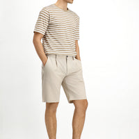 Koyu Bej Bisiklet Yaka Slim Fit Dar Kesim Pamuk Çizgili Tişört