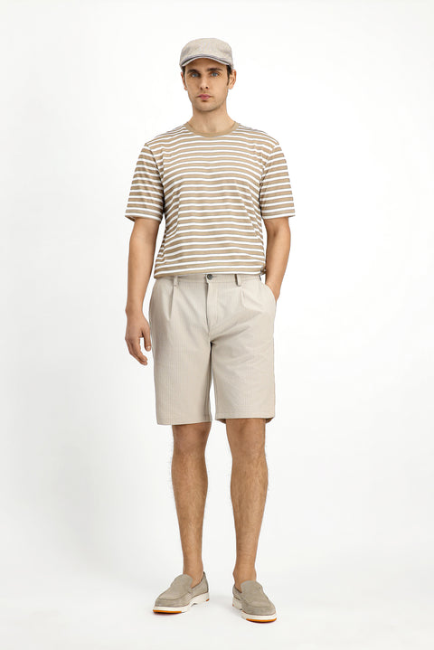 Koyu Bej Bisiklet Yaka Slim Fit Dar Kesim Pamuk Çizgili Tişört