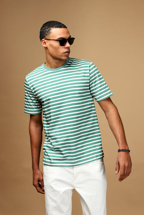 Nefti Bisiklet Yaka Slim Fit Dar Kesim Pamuk Çizgili Tişört