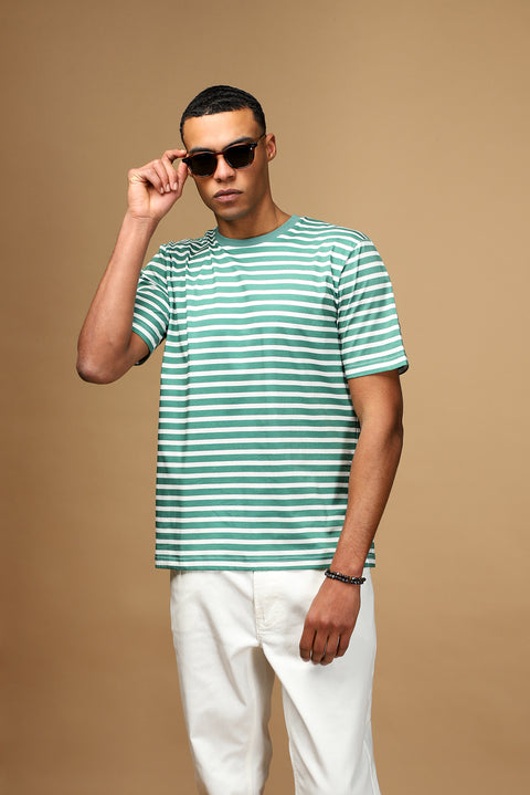 Nefti Bisiklet Yaka Slim Fit Dar Kesim Pamuk Çizgili Tişört