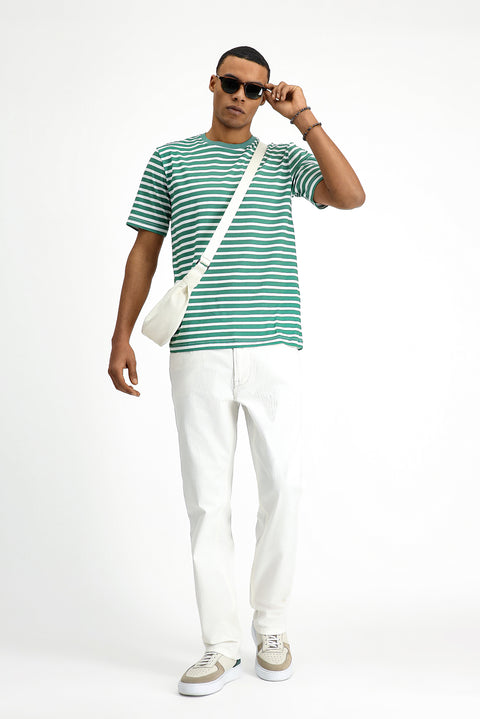 Nefti Bisiklet Yaka Slim Fit Dar Kesim Pamuk Çizgili Tişört