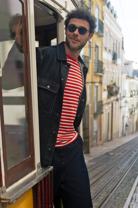 Bayrak Kırmızı Bisiklet Yaka Slim Fit Dar Kesim Pamuk Çizgili Tişört