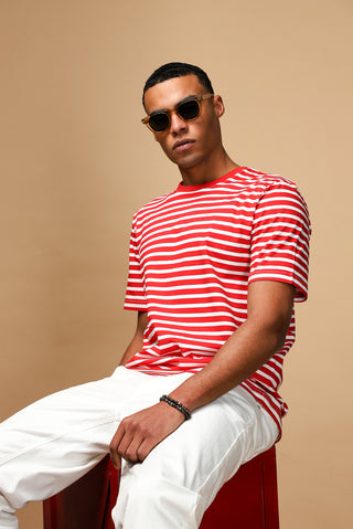  Bayrak K?rm?z? Bisiklet Yaka Slim Fit Dar Kesim Pamuk Çizgili Ti?ört-Ki??l?