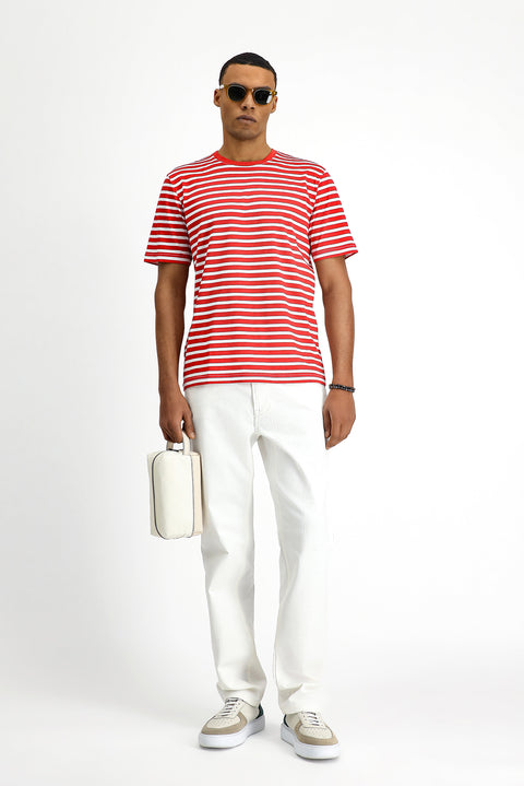 Bayrak Kırmızı Bisiklet Yaka Slim Fit Dar Kesim Pamuk Çizgili Tişört