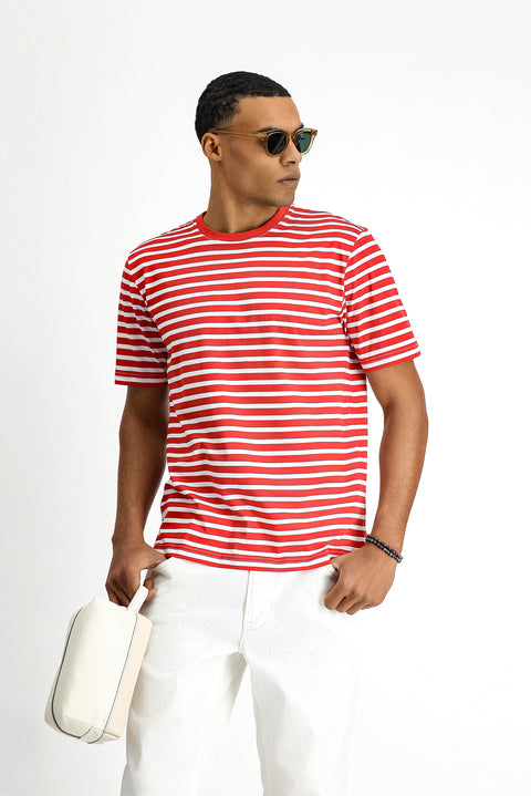 Bayrak Kırmızı Bisiklet Yaka Slim Fit Dar Kesim Pamuk Çizgili Tişört