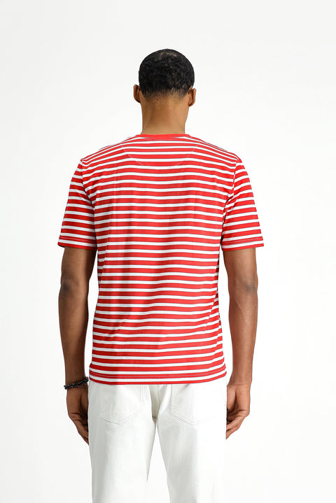 Bayrak Kırmızı Bisiklet Yaka Slim Fit Dar Kesim Pamuk Çizgili Tişört