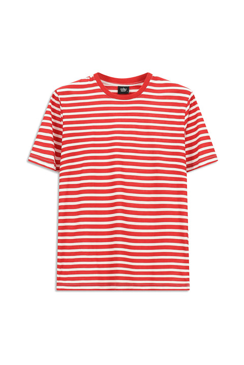 Bayrak Kırmızı Bisiklet Yaka Slim Fit Dar Kesim Pamuk Çizgili Tişört