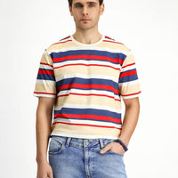 Bayrak Kırmızı Bisiklet Yaka Regular Fit Pamuk Çizgili Tişört