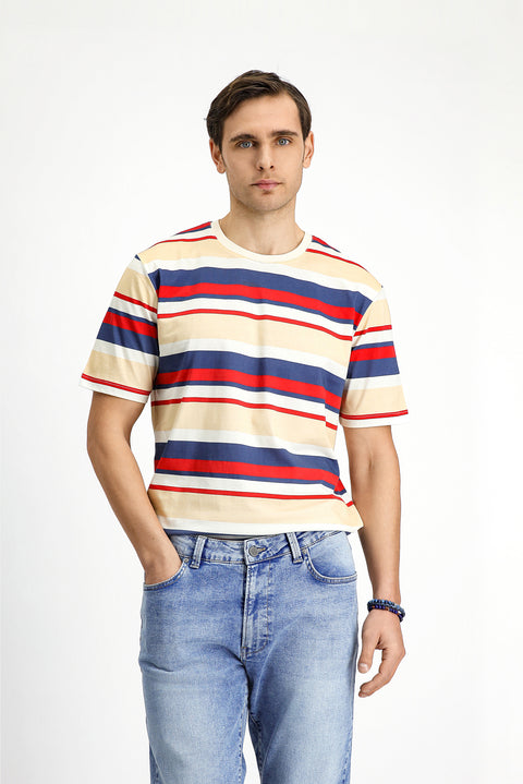 Bayrak Kırmızı Bisiklet Yaka Regular Fit Pamuk Çizgili Tişört