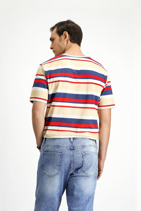 Bayrak Kırmızı Bisiklet Yaka Regular Fit Pamuk Çizgili Tişört