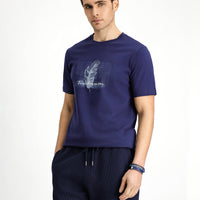 Koyu Lacivert Bisiklet Yaka Slim Fit Dar Kesim Baskılı Pamuklu Tişört