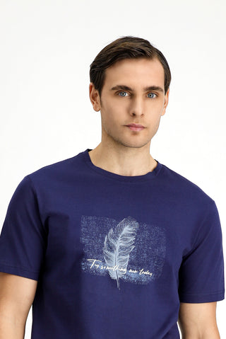  Koyu Lacivert Bisiklet Yaka Slim Fit Dar Kesim Bask?l? Pamuklu Ti?ört-Ki??l?