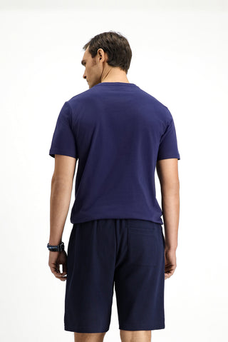  Koyu Lacivert Bisiklet Yaka Slim Fit Dar Kesim Baskılı Pamuklu Tişört