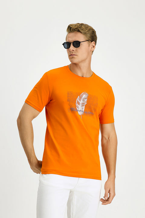 Orta Turuncu Bisiklet Yaka Slim Fit Dar Kesim Baskılı Pamuklu Tişört