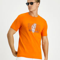 Orta Turuncu Bisiklet Yaka Slim Fit Dar Kesim Baskılı Pamuklu Tişört