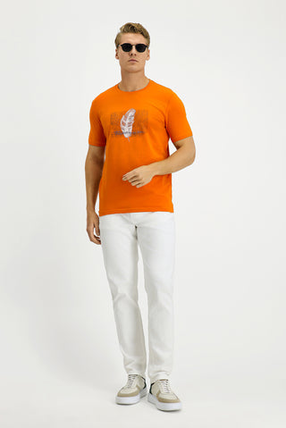  Orta Turuncu Bisiklet Yaka Slim Fit Dar Kesim Bask?l? Pamuklu Ti?ört-Ki??l?