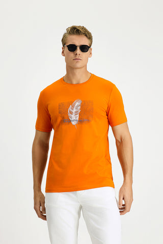  Orta Turuncu Bisiklet Yaka Slim Fit Dar Kesim Bask?l? Pamuklu Ti?ört-Ki??l?