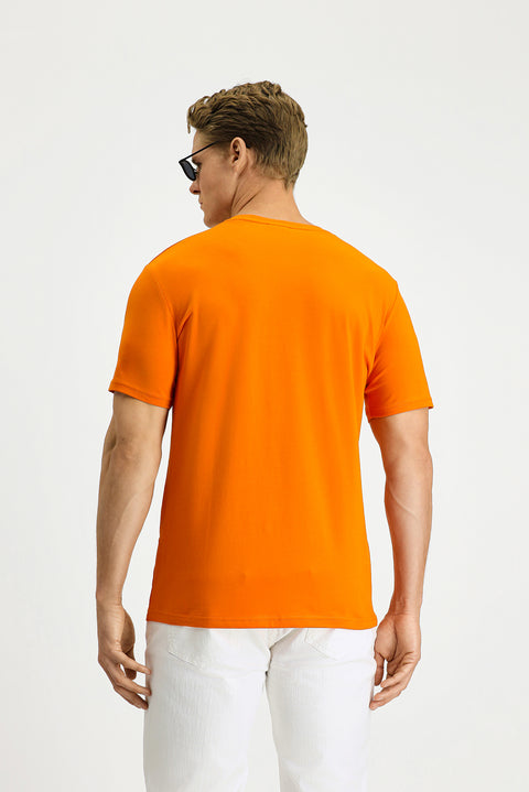 Orta Turuncu Bisiklet Yaka Slim Fit Dar Kesim Baskılı Pamuklu Tişört