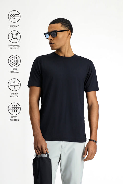 Siyah Techno-Line Bisiklet Yaka Slim Fit Dar Kesim Baskılı Likralı Süprem Tişört