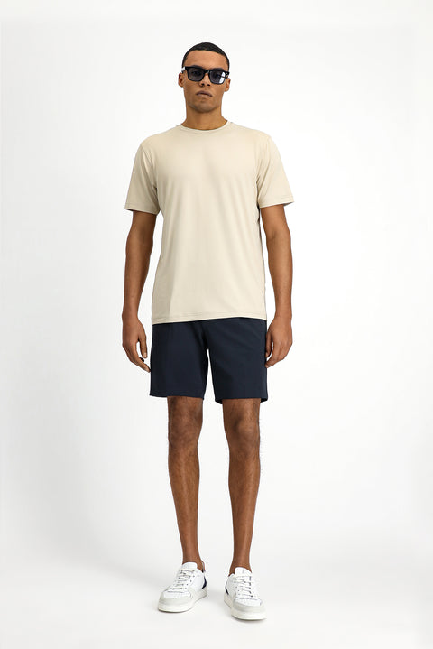 Açık Bej Techno-Line Bisiklet Yaka Slim Fit Dar Kesim Baskılı Likralı Süprem Tişört