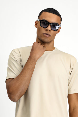  Açık Bej Techno-Line Bisiklet Yaka Slim Fit Dar Kesim Baskılı Likralı Süprem Tişört