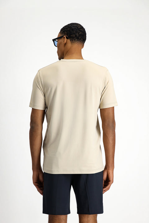 Açık Bej Techno-Line Bisiklet Yaka Slim Fit Dar Kesim Baskılı Likralı Süprem Tişört