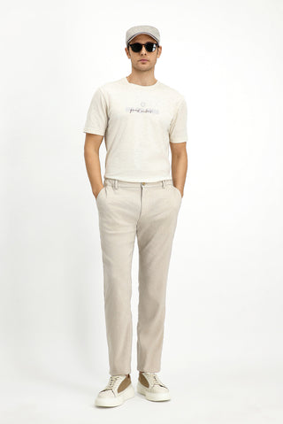  Ekru Bisiklet Yaka Slim Fit Dar Kesim Pamuklu Baskılı Tişört