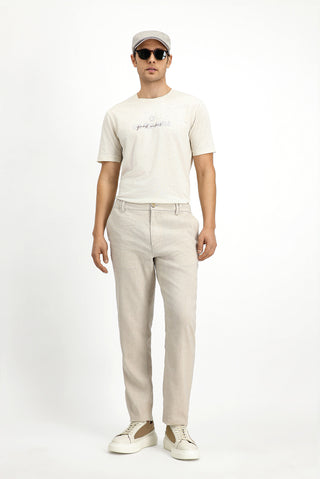  Ekru Bisiklet Yaka Slim Fit Dar Kesim Pamuklu Baskılı Tişört