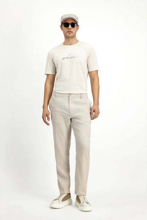 Ekru Bisiklet Yaka Slim Fit Dar Kesim Pamuklu Baskılı Tişört