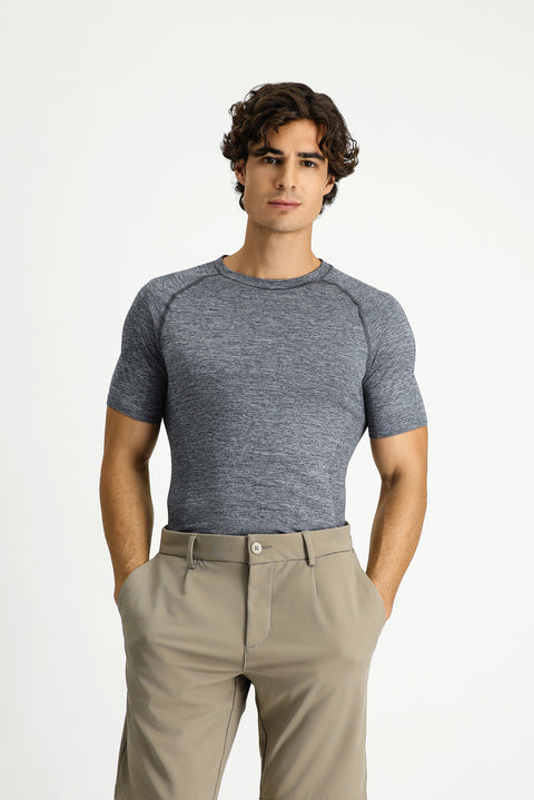 Orta Gri Melanj Bisiklet Yaka Slim Fit Dar Kesim Spor Tişört