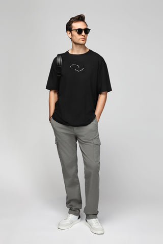 Siyah Bisiklet Yaka Slim Fit Dar Kesim Baskılı Pamuklu Tişört