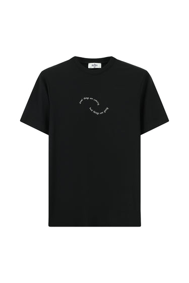 Siyah Bisiklet Yaka Slim Fit Dar Kesim Baskılı Pamuklu Tişört