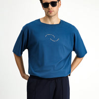 Koyu Petrol Bisiklet Yaka Slim Fit Dar Kesim Baskılı Pamuklu Tişört