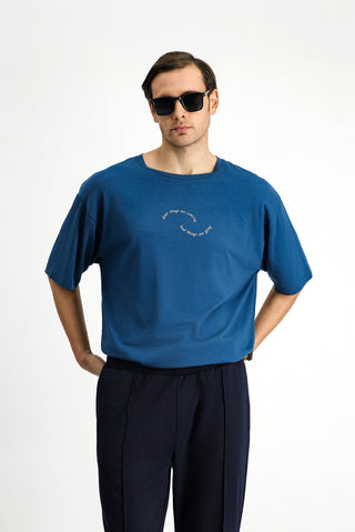  Koyu Petrol Bisiklet Yaka Slim Fit Dar Kesim Bask?l? Pamuklu Ti?ört-Ki??l?