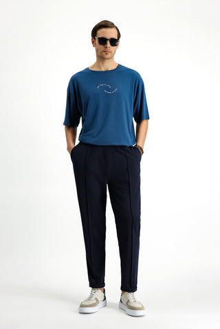  Koyu Petrol Bisiklet Yaka Slim Fit Dar Kesim Bask?l? Pamuklu Ti?ört-Ki??l?