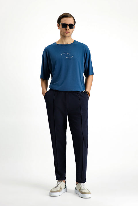 Koyu Petrol Bisiklet Yaka Slim Fit Dar Kesim Baskılı Pamuklu Tişört