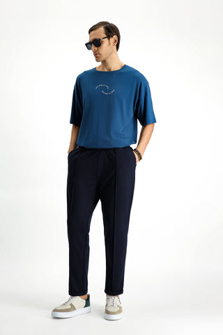  Koyu Petrol Bisiklet Yaka Slim Fit Dar Kesim Bask?l? Pamuklu Ti?ört-Ki??l?