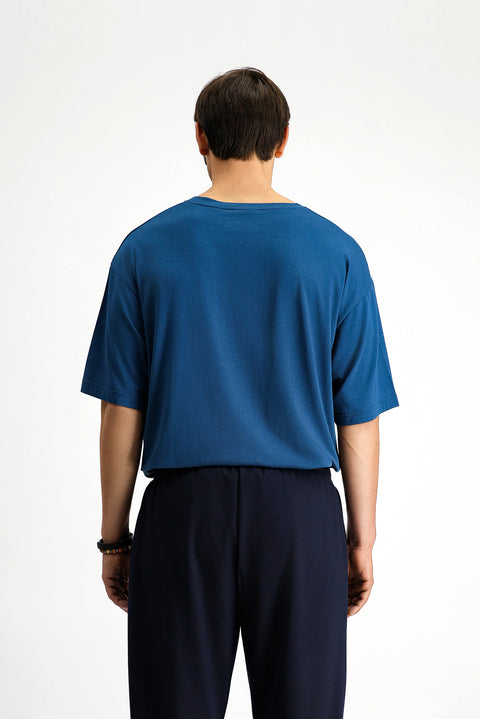 Koyu Petrol Bisiklet Yaka Slim Fit Dar Kesim Baskılı Pamuklu Tişört