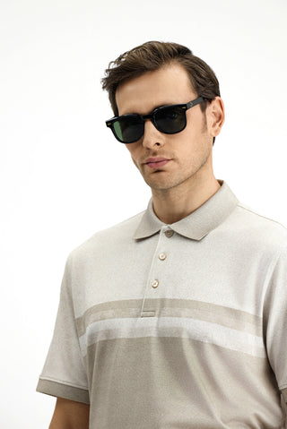  Orta Bej Regular Fit Desenli Likralı Polo Yaka Tişört