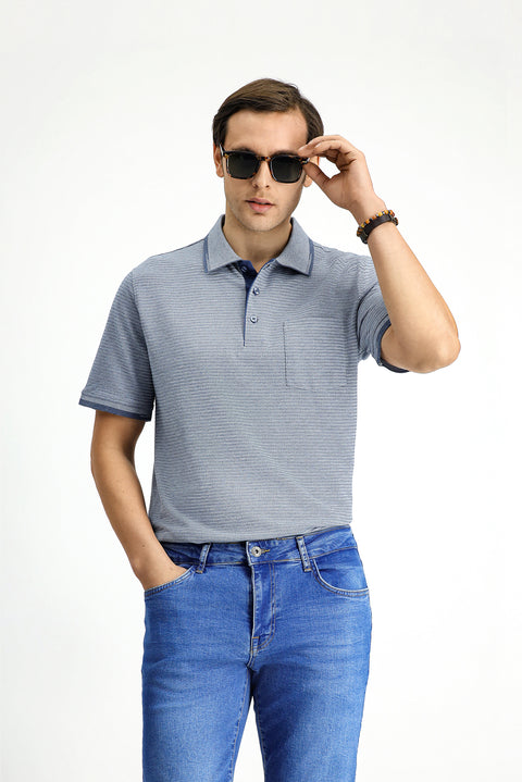 Açık Lacivert Regular Fit Desenli Likralı Cepli Polo Yaka Tişört