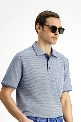  Açık Lacivert Regular Fit Desenli Likralı Cepli Polo Yaka Tişört