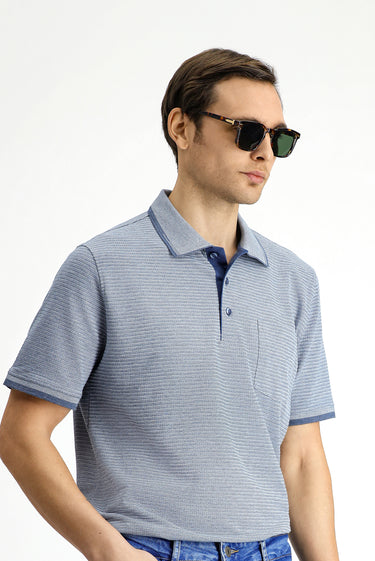  Açık Lacivert Regular Fit Desenli Likralı Cepli Polo Yaka Tişört