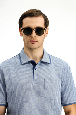  Açık Lacivert Regular Fit Desenli Likralı Cepli Polo Yaka Tişört