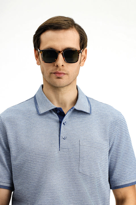 Açık Lacivert Regular Fit Desenli Likralı Cepli Polo Yaka Tişört